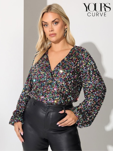 Yours Curve Black London Rainbow Sequin Wrap Bodysuit (V16609) | R$ 525
