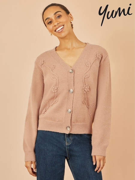 Yumi Brown Floral Embroidered Relaxed Fit Cardigan (V16707) | R$ 545