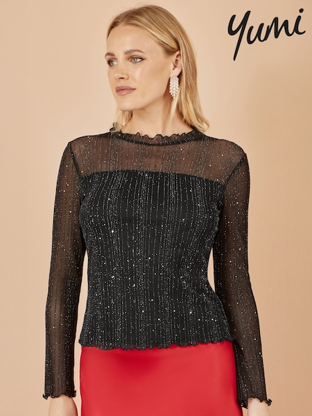 Yumi Black Sparkle Print Mesh Stretch Fitted Top (V16734) | €51