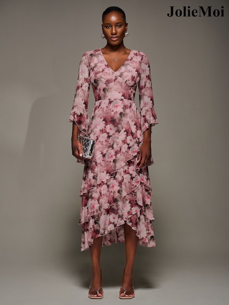 Jolie Moi Pink Mesh Ruffle Sleeve Tiered Midaxi Dress (V17225) | €104