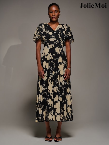 Jolie Moi Black Chiffon Ruflle Sleeve Pleated Maxi Dress (V17230) | €103