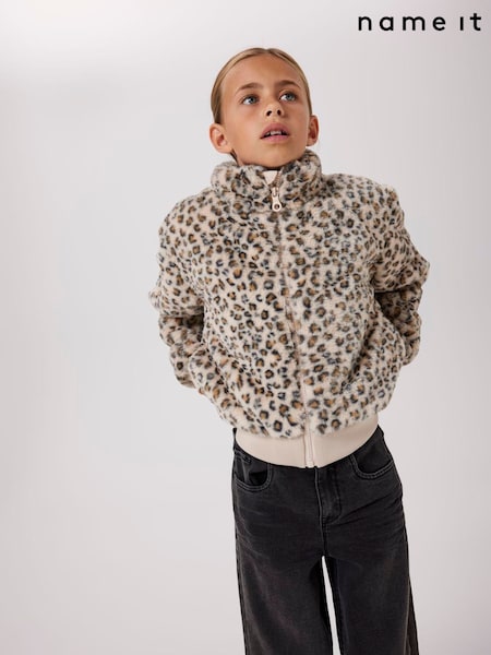 Name It Grey Faux Fur Leopard Zip Through Jacket (V17250) | €37