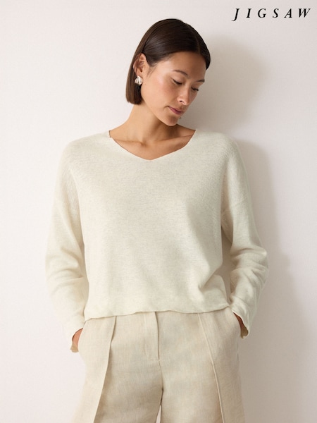 Jigsaw Cream Linen Cotton Twist Hem Jumper (V17299) | AED577