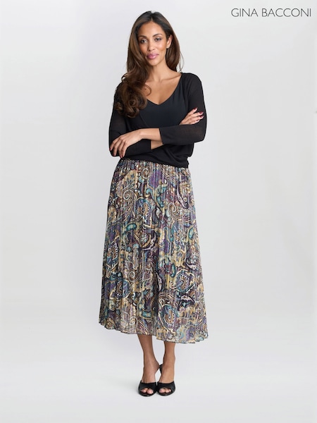 Gina Bacconi Blue Pleated Jacquard Skirt (V17364) | €105