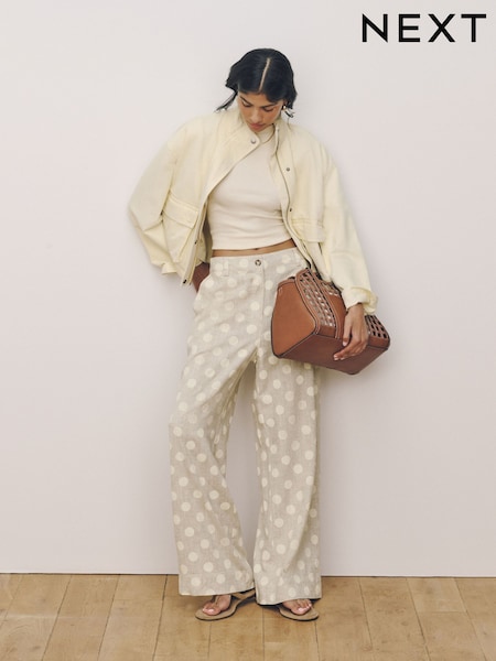 Beige Polka Dot - Smart Front Linen Blend Wide Leg Trousers