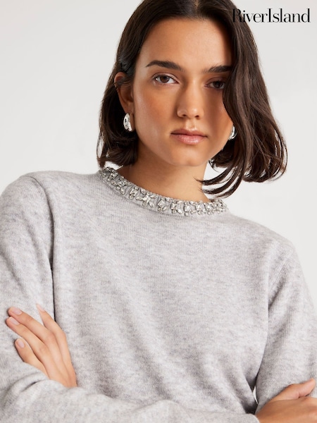 River Island Grey Crew Neck Embellished Trim Jumper (V18085) | AED245