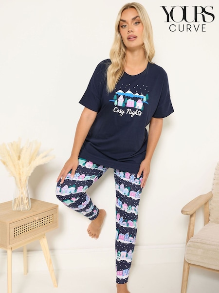 Yours Curve Blue Cosy Nights Short Sleeve Cuffed Pyjamas Set (V18090) | R$ 285