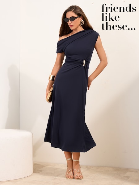 Navy Blue - Friends Like These Draped One Shoulder Midi Dress