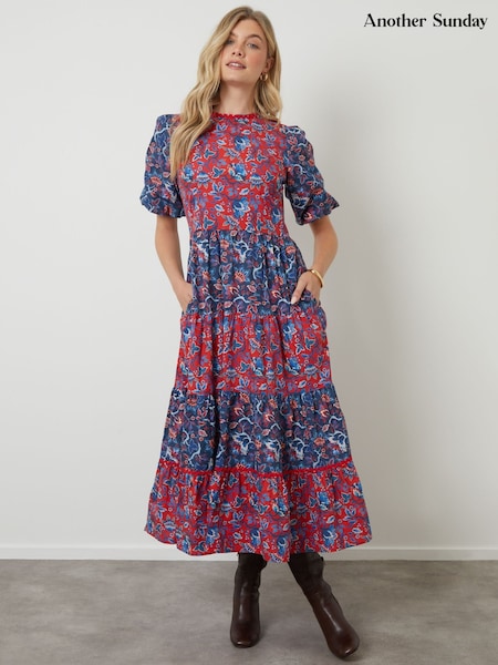 Another Sunday Red Poplin Short Puff Sleeve Tiered Smock Midi Dress (V18505) | €74
