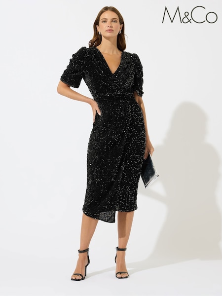 M&Co Black Sequin Velvet Wrap Dress (V18515) | €76