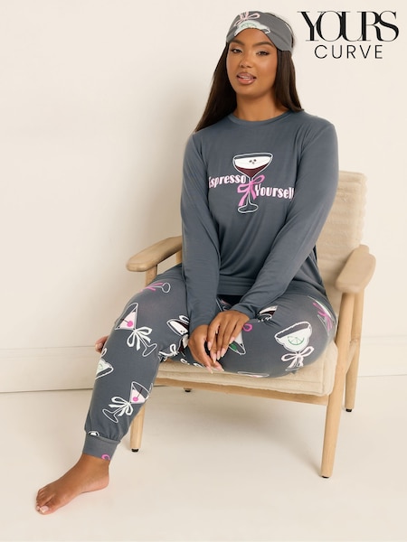 Yours Curve Grey Soft Touch Cocktails Long Sleeve Pyjamas Set (V18532) | €39