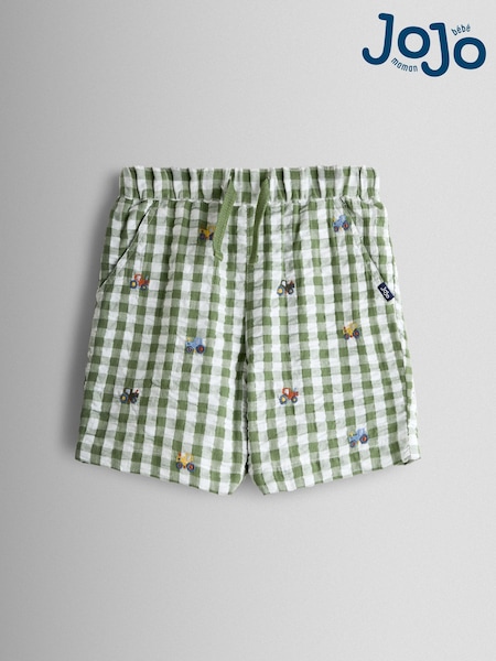 JoJo Maman Bébé Green Tractor Embroidered Gingham Shorts (V18564) | ₪91 - ₪106