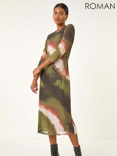 Roman Green Abstract Print Mesh Stretch Midi Dress (V18724) | €56