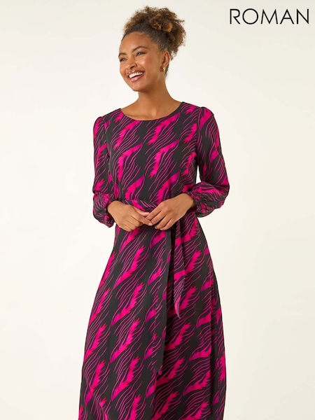 Roman Pink Abstract Feather Shirred Midi Dress (V18725) | €74
