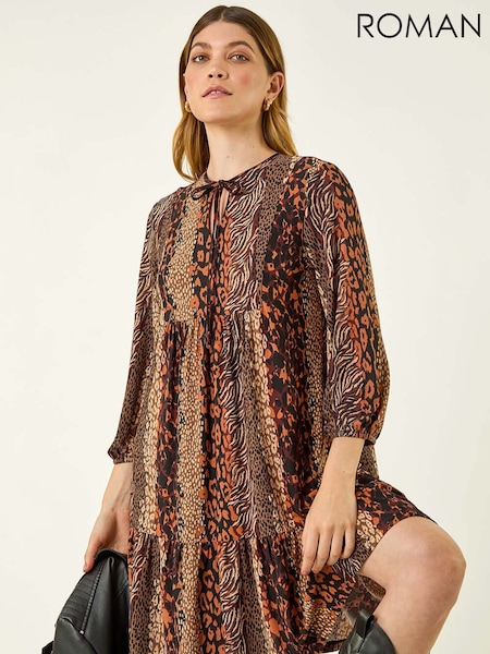 Roman Brown Abstract Print Smock Stretch Dress (V18728) | €80