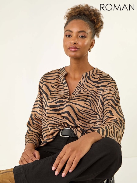 Roman Brown Animal Print V-Neck Shirt (V18733) | €53