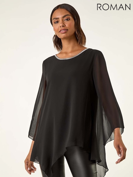 Roman Black Diamante Asymmetric Chiffon Tunic Top (V18741) | €51