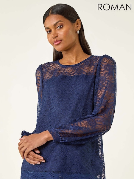 Roman Blue Lace Jersey Stretch Blouse (V18748) | €53