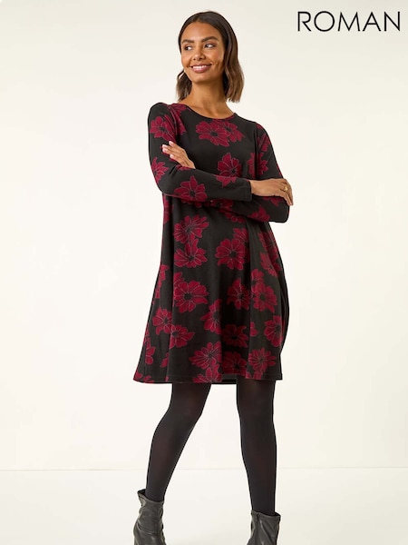 Roman Black Floral Print Stretch Swing Dress (V18757) | €56