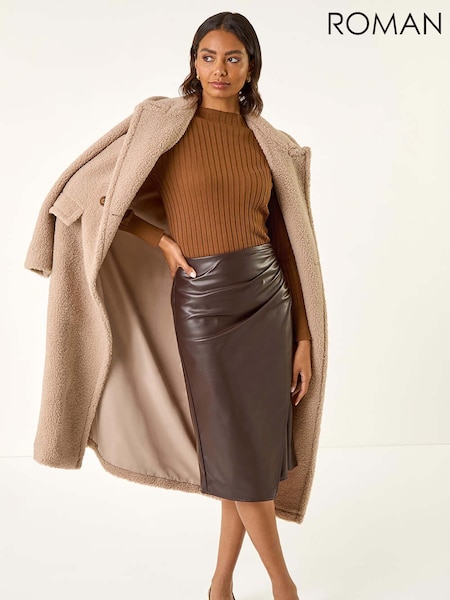 Roman Brown Faux Leather Ruched Wrap Skirt (V18762) | R$ 510