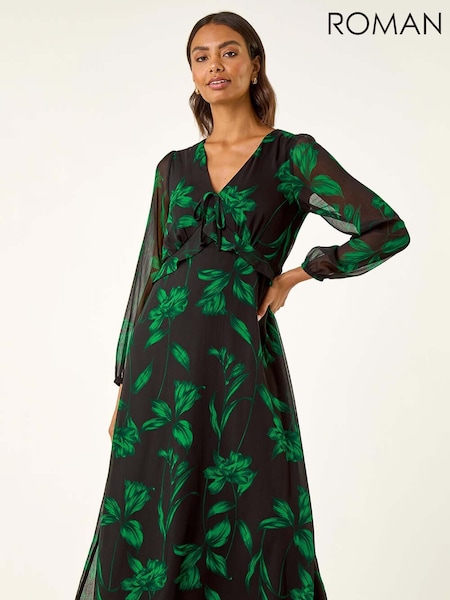 Roman Green Floral Frill Chiffon Midi Dress (V18763) | €86