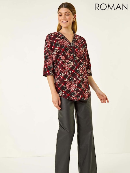 Roman Red Textured Floral Print Stretch Blouse (V18767) | €56