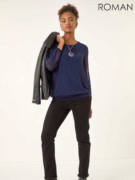 Roman Blue Chiffon Banded Hem Pleated Blouse (V18769) | €53