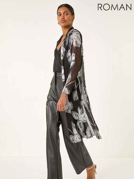 Roman Metallic Foil Leaf Print Plisse Kimono Shirt (V18771) | €69