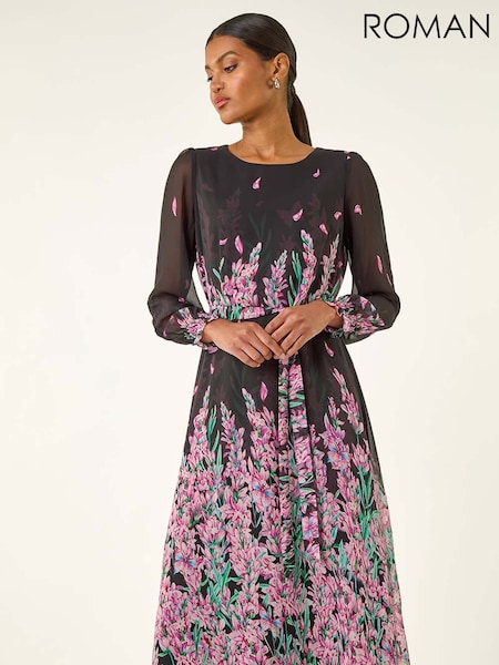 Roman Floral Border Print Belted Midi Dress (V18778) | R$ 700
