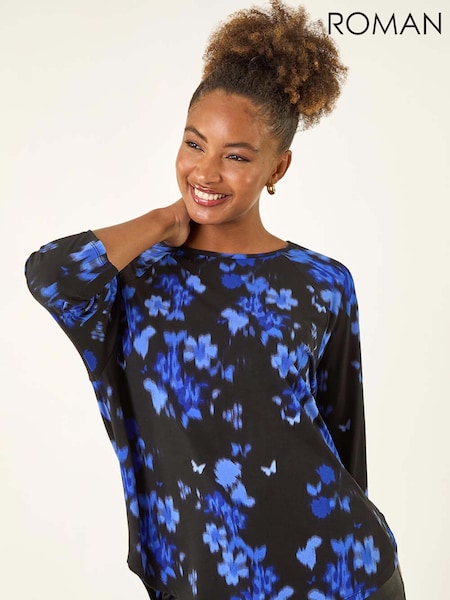 Roman Blue Floral Print Round Hem Blouse (V18785) | €51