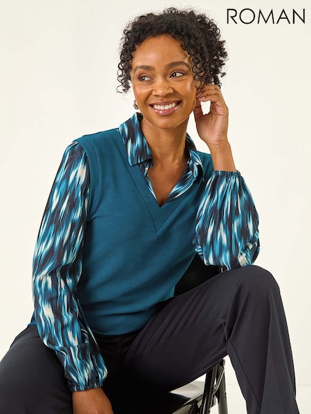 Roman Blue Petite Constrast V-Neck Shirt (V18901) | €53