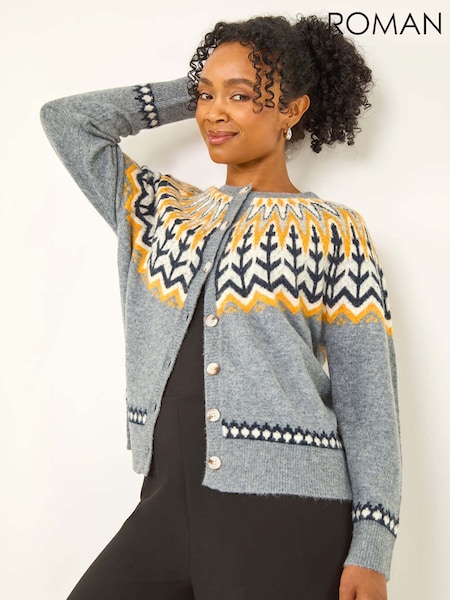 Roman Grey Petite Fair Isle Pattern Buttoned Knit Cardigan (V18904) | €58