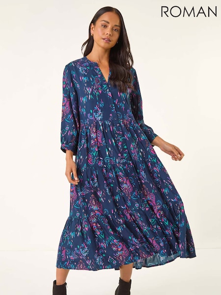 Roman Blue Petite Abstract Print Frill Dress (V18907) | €73