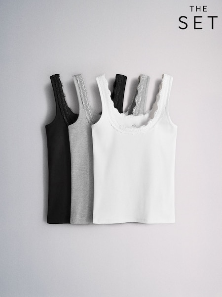 The Set 3 Pack 4 Pack Square Neck Lace Trim Ribbed Vest Black/Grey/White (V19018) | $45