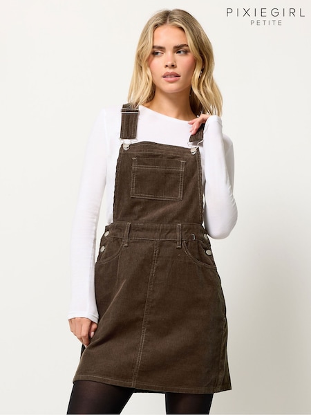 PixieGirl Petite Brown Cord Dungaree Mini Dress (V19026) | R$ 385