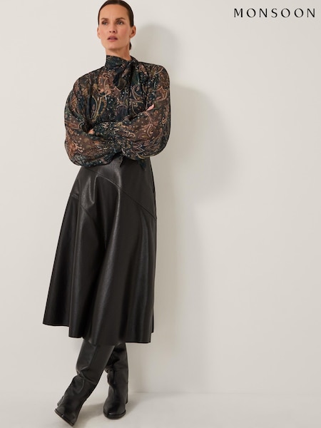 Monsoon Black Marnie Faux Leather Midi Skirt (V19100) | €91
