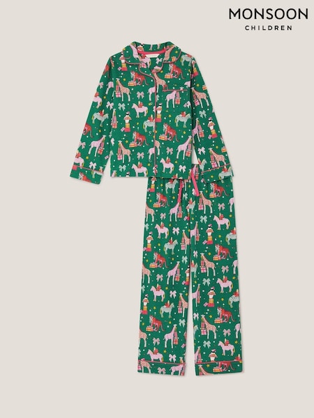 Monsoon Green Christmas Animal Print Long Pyjamas Set (V19417) | AED185 - AED199