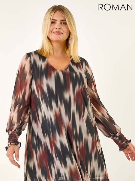 Roman Brown Curve Abstract Print Mesh Blouse (V19504) | €56