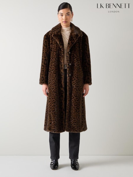 LK Bennett Brown Leila Multi Leopard Faux Fur Double Breasted Coat (V19540) | €510