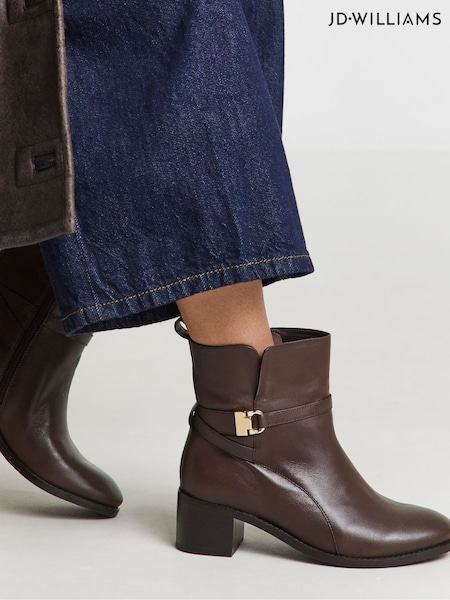 JD Williams Brown Standard/Wide Fit Low Block Heel Real Leather Ankle Boots With Metal Trim (V19568) | €92