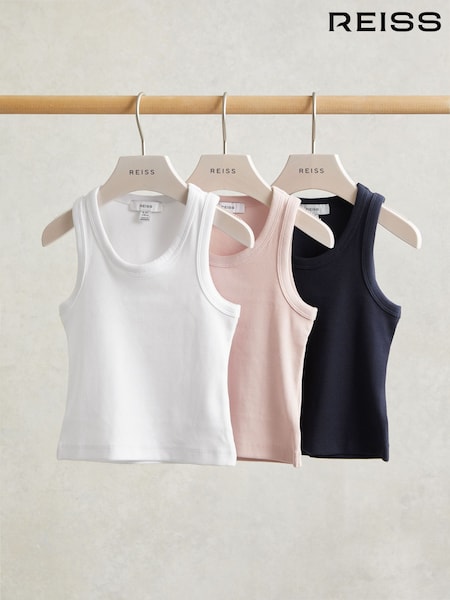 Reiss White/Pink/Navy Violet Stretch-Cotton Ribbed Vests 3 Pack (V20337) | €49