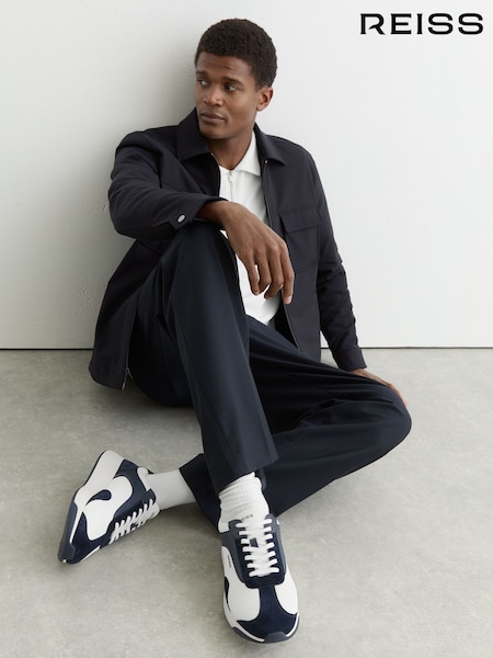 Reiss Navy/White Emmett V2 Bonded-Leather Suede Running Trainers (V20344) | $295