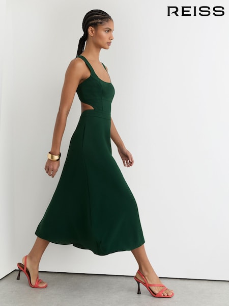 Reiss Green Dina Waisted Cut-Out Twill Midi Dress (V20349) | R$ 2.370