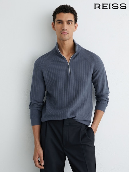 Airforce Blue - Reiss Aldershot Textured-Knit Half-Zip Jumper with Wool (V20370) | 1,056 LEI