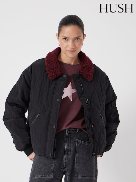 Hush Black Teddy Collar Quilted Bomber Jacket (V20435) | €226
