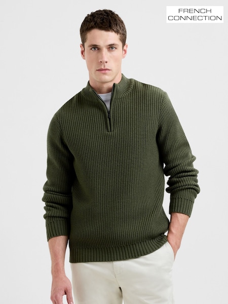 French Connection Green Cotton Wool Blend Ribbed Knit ¼ Zip Mock Neck Jumper (V20931) | NT$3,490