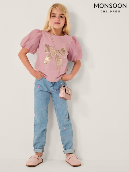 Monsoon Purple Sequin Bow Puff Sleeve T-Shirt (V20968) | €24 - €29