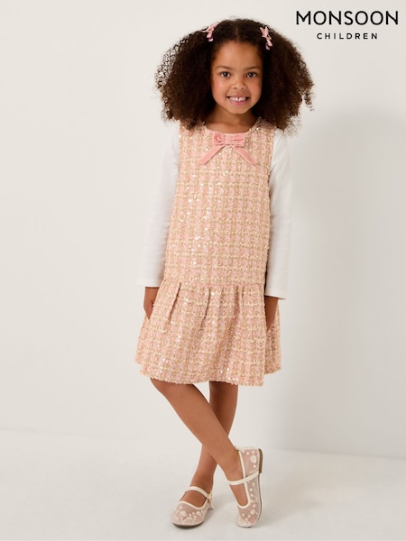 Monsoon Pink Tweed Bow Sleeveless Pinafore Dress (V20975) | €57 - €64