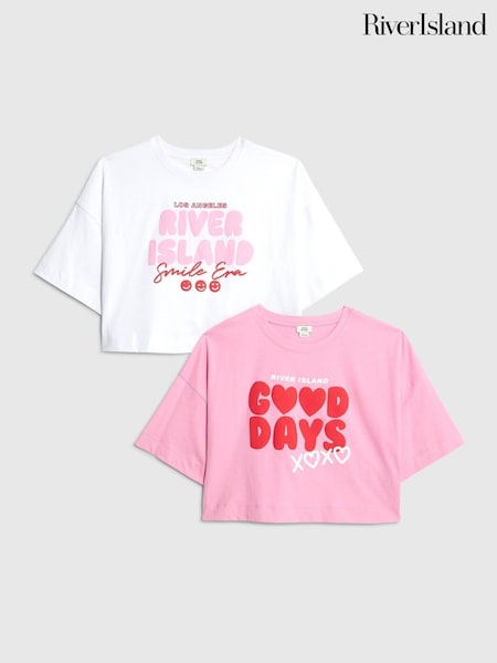 River Island Pink Girls Waistband Crop T-Shirts 2 Pack (V22075) | €25