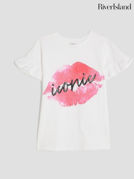 River Island White Girls Iconic Lips Frill T-Shirt (V22087) | 69 QAR
